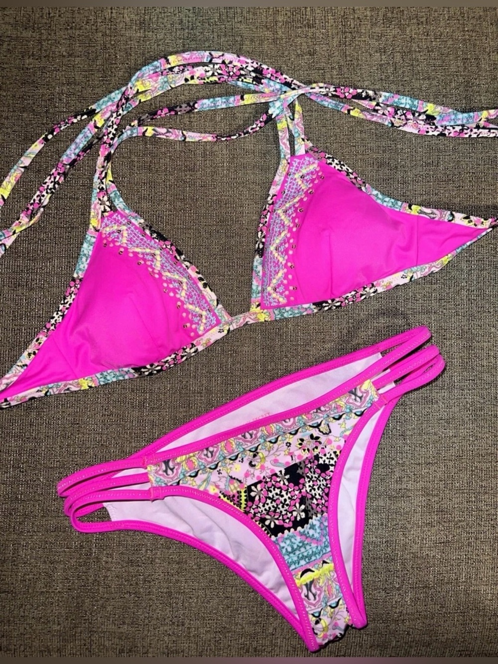 Victoria’s Secret Women’s Bright Pink Multicolor Bikini Set Swimwear Size XS